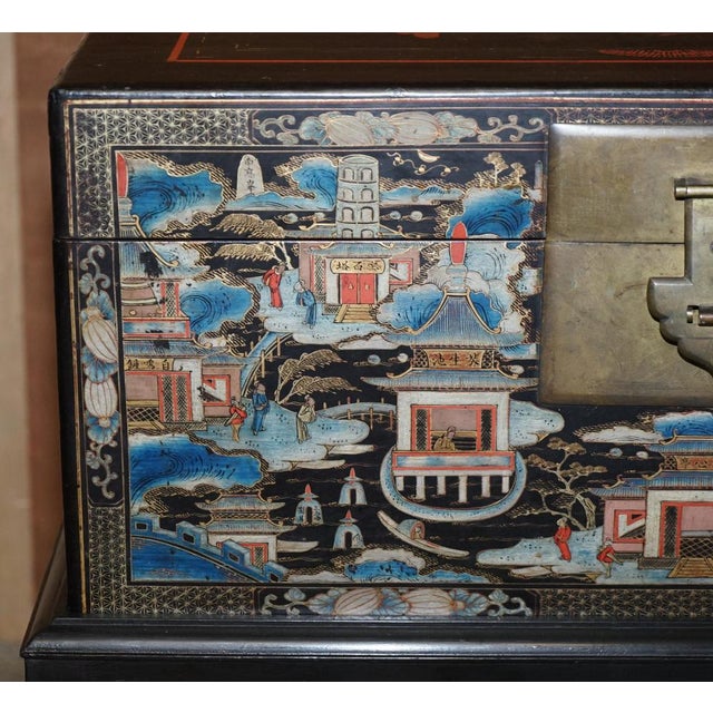 2000 - 2009 Large Vintage Chinese Hand-Painted Chests on Stands, Set of 2 For Sale - Image 5 of 18