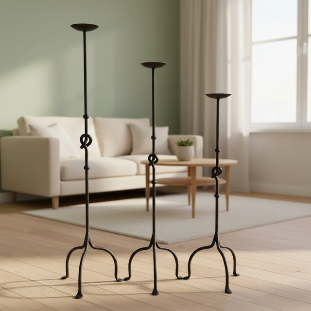 Rustic Hand Forged Iron Candelabra Set of 3 (82-101cm) Antique Copper Finish Knotted Stem with Arched Base For Sale - Image 3 of 6
