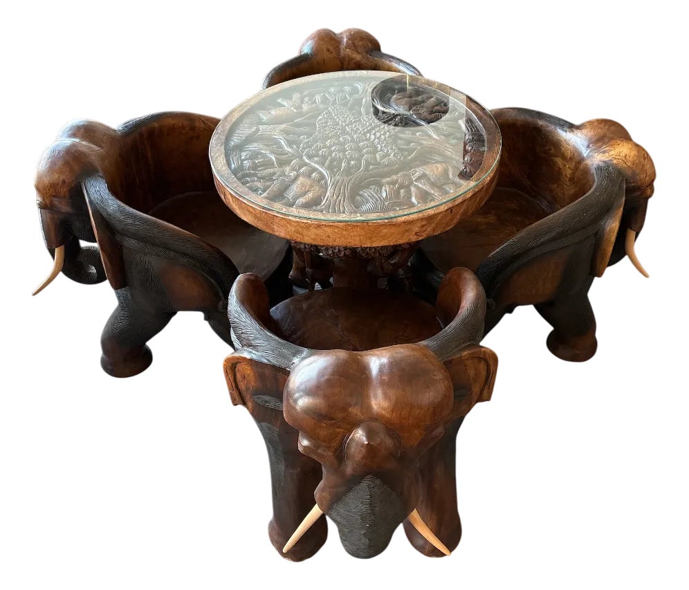 Hand-Carved Wooden Elephant Table Set, Set of 5 | Chairish
