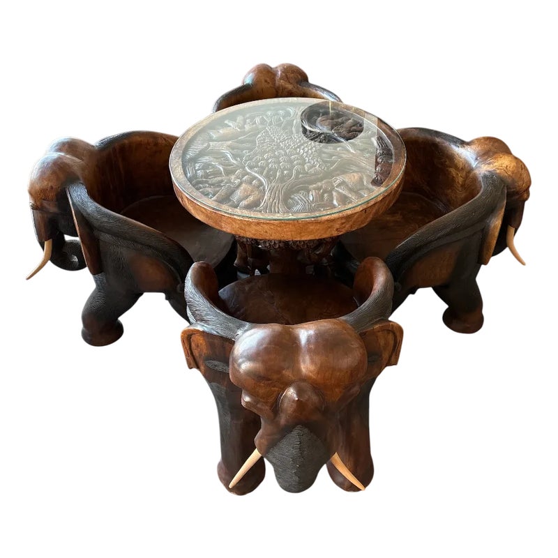 Hand-carved Wooden Elephant Table Set, Set Of 5