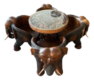 Hand-Carved Wooden Elephant Table Set, Set of 5