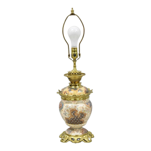 Vintage French Victorian Paint Decorated Porcelain & Brass Parlor Table Lamp