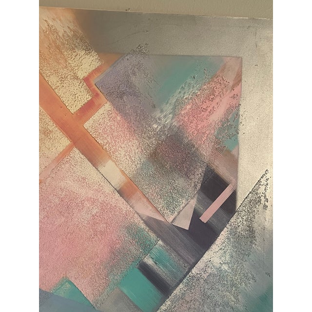 Vintage Postmodern 1980s Abstract Large Canvas Oil Painting Wall Art Pink Signed For Sale - Image 9 of 12