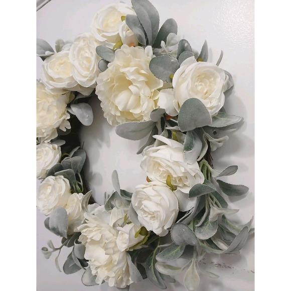 English White Roses & Sage Door Wreath 17" Flower Elegant Summer Spring Gorgeous Arrangement Spring Summer Door Wall...