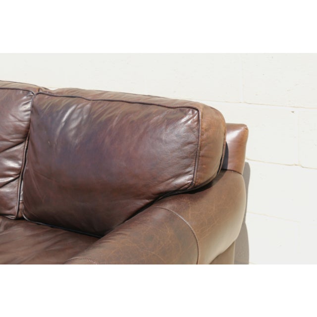 Restoration Hardware Brown Leather Three-Seat Sofa | Vintage Modern Down-Filled Cushions For Sale - Image 13 of 18