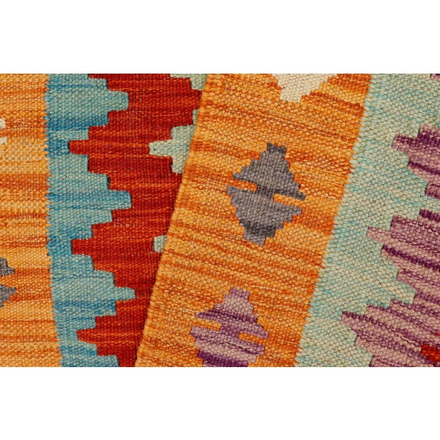 Blue Abstract Turkish Kilim Rust Blue Hand-Woven Wool Rug For Sale - Image 8 of 9