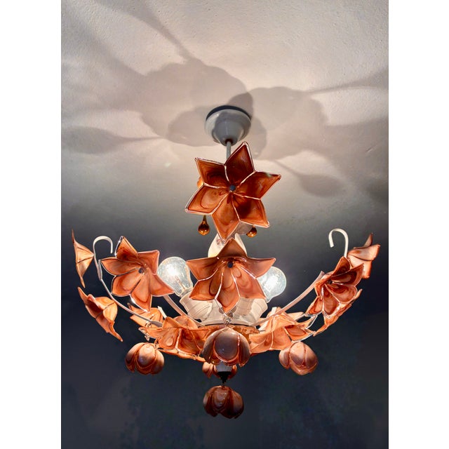 Vintage Italian Murano Style Amber Brown Floral Chandelier - Porcelain Body With Crystal Teardrops For Sale - Image 4 of 18