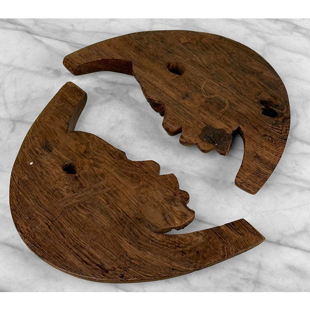 Vintage African Tribal Carved Crescent Moon Man & Women Wall Sculptures - A Pair For Sale - Image 10 of 10