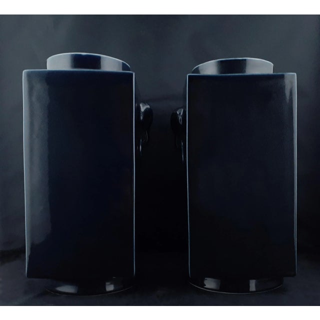 Ceramic Republic of China Period Matched Pair of Chinese Porcelain, Midnight Blue, Cong Vases For Sale - Image 7 of 8