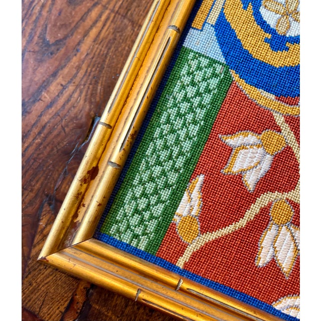 Brick Red Chinoiserie Needlepoint in Gilt Bamboo Frame For Sale - Image 8 of 10
