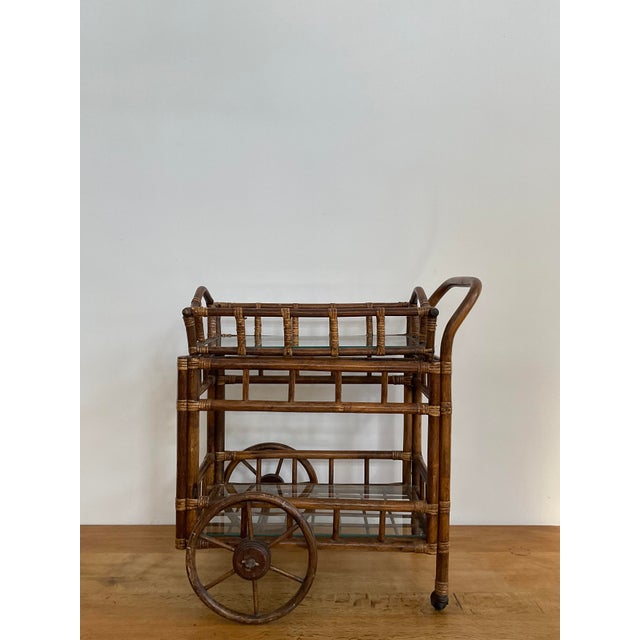 Vintage Bamboo Bar Cart With Glass Shelf & Removable Tray For Sale In Raleigh - Image 6 of 18