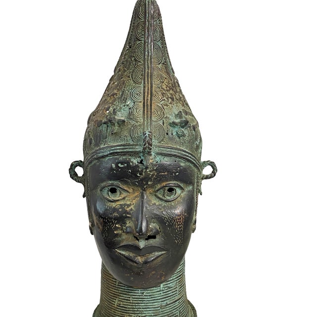 Large African Benin Bronze Head of a Queen Nigeria 20" H For Sale - Image 12 of 13