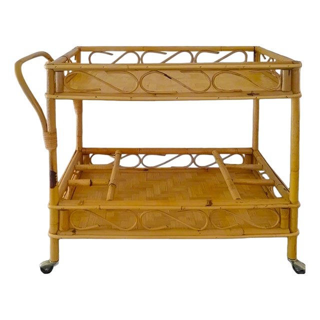 Serving Bar Cart in Bamboo & Rattan from Franco Albini, Italy, 1960s For Sale