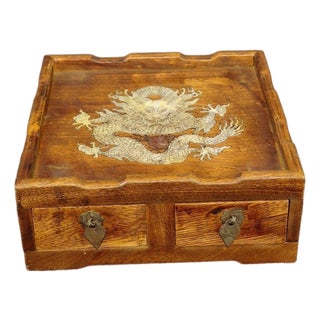 Rosewood Mother‑of‑Pearl Inlaid Dragon Box, 2 Drawer Tabletop Caddy / Tea Tray For Sale