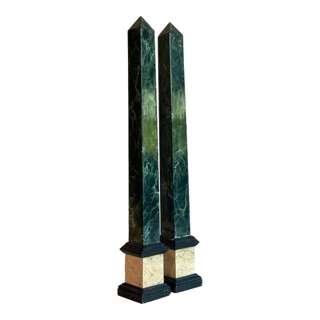 Vintage Italian Hand Painted Wood Obelisks - A Pair For Sale