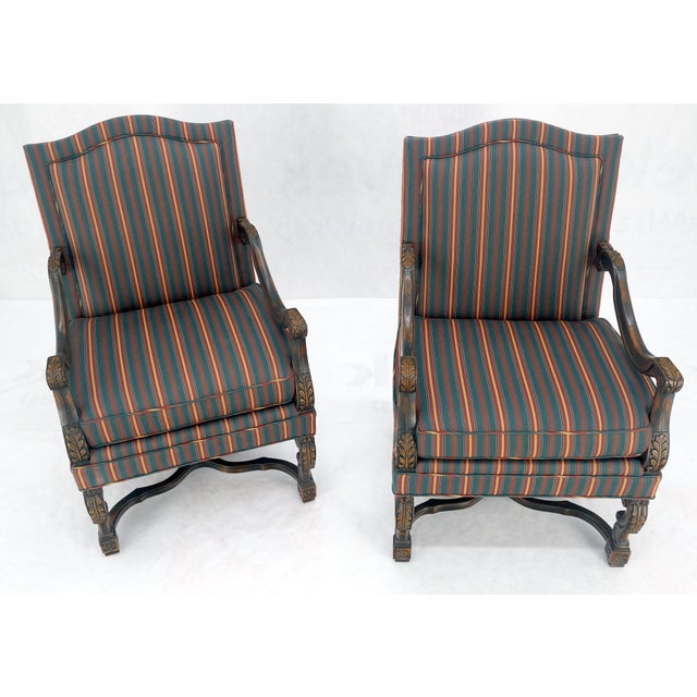 Late 20th Century Pair of Carved Bases & Arms Striped Upholstery Fire Side Arm Lounge Chairs MINT! For Sale - Image 5 of 18