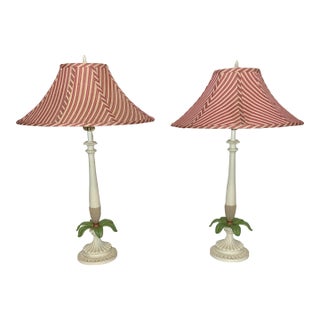 Vintage Palm Beach Regency Palm Tree Table Lamps - Striped Empire Shade – Charming Coastal Decor – A Pair For Sale