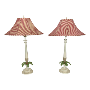 Vintage Palm Beach Regency Palm Tree Table Lamps - Striped Empire Shade – Charming Coastal Decor – A Pair