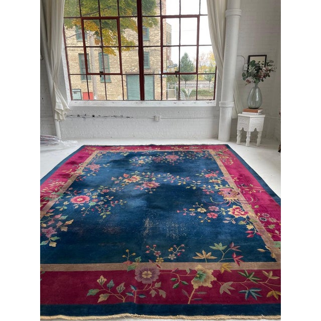 Magenta Antique Art Deco Asian Botanical Garden Magenta Rug 9.2 x 11.8 For Sale - Image 8 of 15
