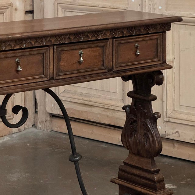 Chestnut Mid Century Spanish Walnut Sofa Table ~ Console With Hand Forged Iron Stretcher For Sale - Image 8 of 18