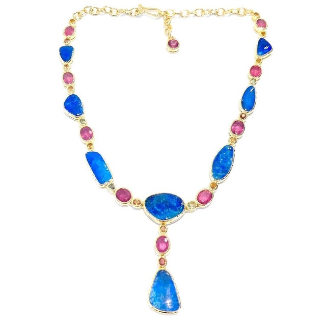 Bochic "Capri" Blue Opal, Ruby & Sapphire Necklace Set in 22k Gold & Silver For Sale - Image 17 of 18