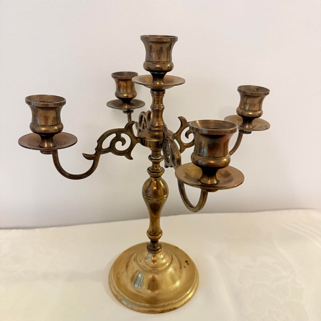 Mid-Century Modern Vintage Variegated Height Brass Candelabra & Candlestick Collection For Sale - Image 3 of 9