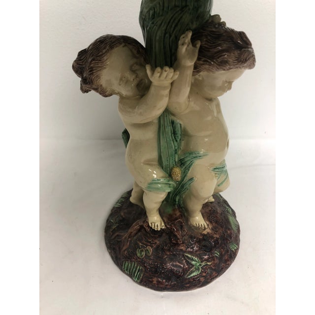 19th Century Antique Majolica Cherub Pedestal Centerpiece For Sale - Image 5 of 9