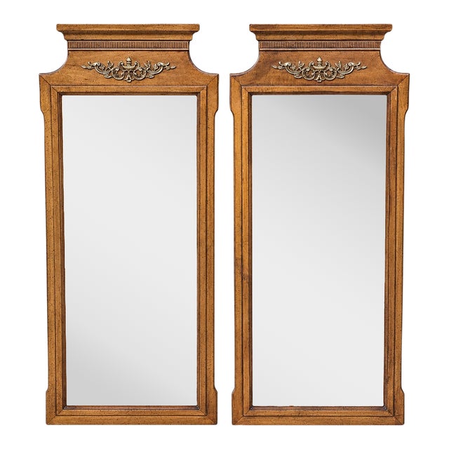 Pair of Mid 20th Century Regency Revival Burl Walnut Pier Mirrors With Brass Neoclassical Ornament For Sale