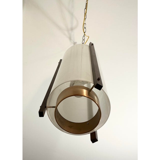 Vintage Hanging Light Pendant Light Fixture, 24” Cylinder White Acrylic Walnut Brass Accents, McFadden Lighting For Sale - Image 4 of 11