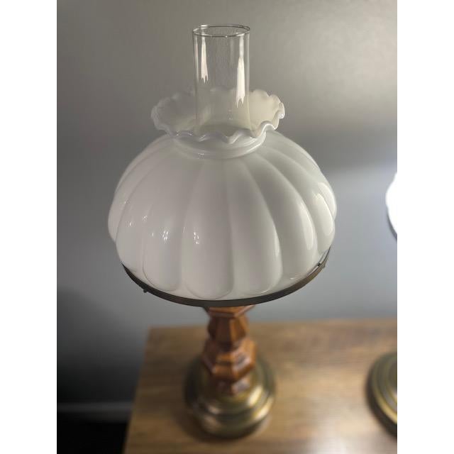 Vintage Pair of Colonial Style Walnut & Brass Table Lamps With Milk Glass Shades For Sale - Image 4 of 8