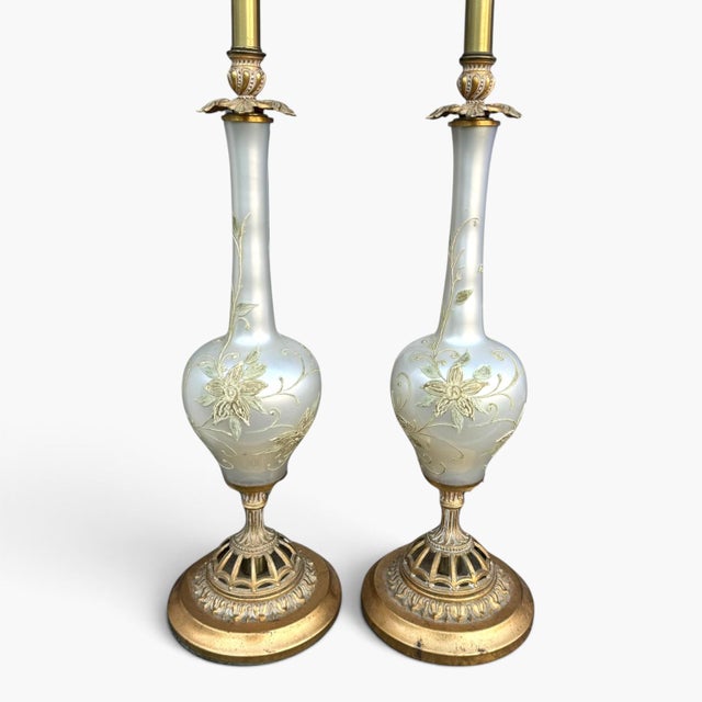 Hollywood Regency 1960s Hollywood Regency Opalescent Art Glass & Gilded Brass Table Lamps - a Pair For Sale - Image 3 of 7