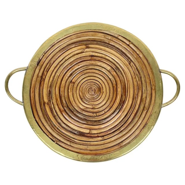Round Bamboo, Rattan & Brass Serving Tray, Italy, 1970s For Sale - Image 9 of 9
