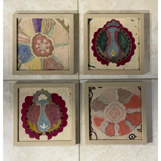 Set of Four 19 Century Antique Silk and Cotton Suzani Wall Hanging For Sale In Miami - Image 6 of 12