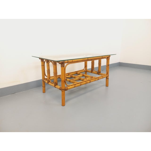 Wood Vintage Coffee Table in Clear Glass and Rattan, 1970s For Sale - Image 7 of 13