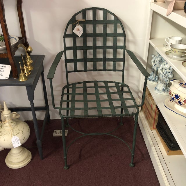 Rustic European Vintage Outdoor Crosshatch Metal Armchair With Verdigris Patina For Sale - Image 3 of 7