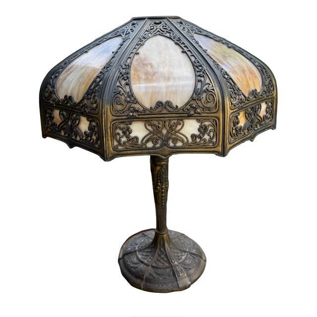 1920s Art Nouveau Antique American Stained Glass Lamp For Sale