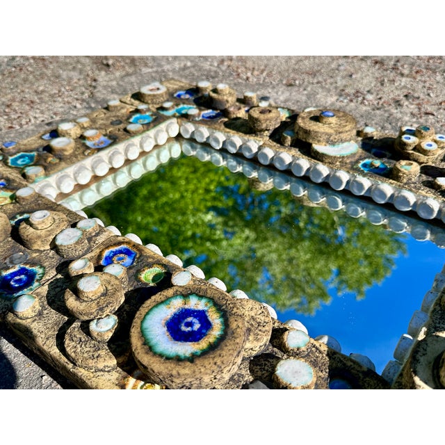 Blue Rectangular Brutalist Studio Ceramic Wall Mirror with Abstract Ceramic Relief, Germany, 1960s For Sale - Image 8 of 18
