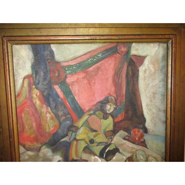 Late 1920's or early 1930"s still-life of doll and fruit on the table. Impressionist work in the style of Cezanne....