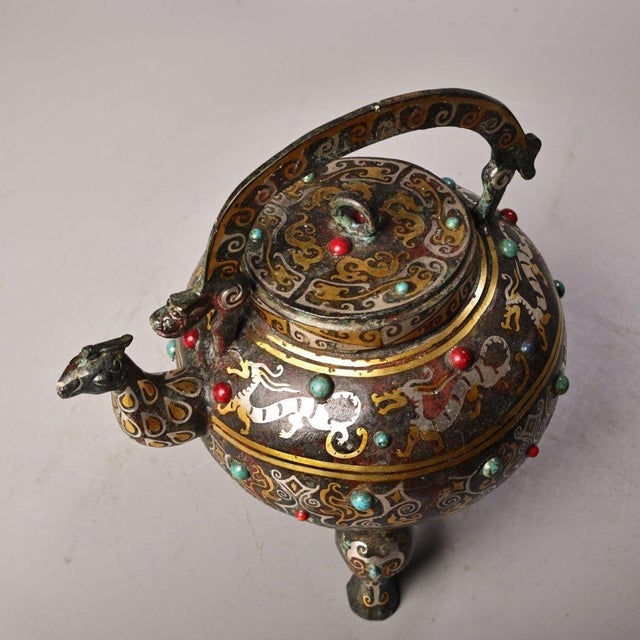 Wine Vintage Bronze Lidded Tripod Ewer With Gold Silver Inlay & Gemstone Inset, Bird Spout Wine Vessel For Sale - Image 8 of 10