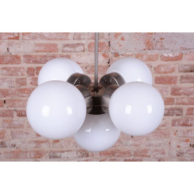 White Mid-Century Modern Chandelier in Chromed Steel and Opaline Glass, Czech, 1960s For Sale - Image 8 of 10