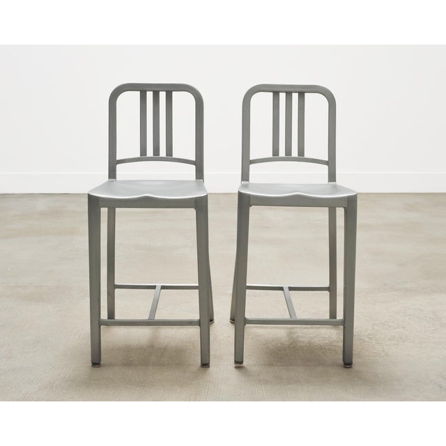 Modern Pair of Emeco 'Navy' Bar Counter Stools in Brushed Aluminum For Sale - Image 3 of 17