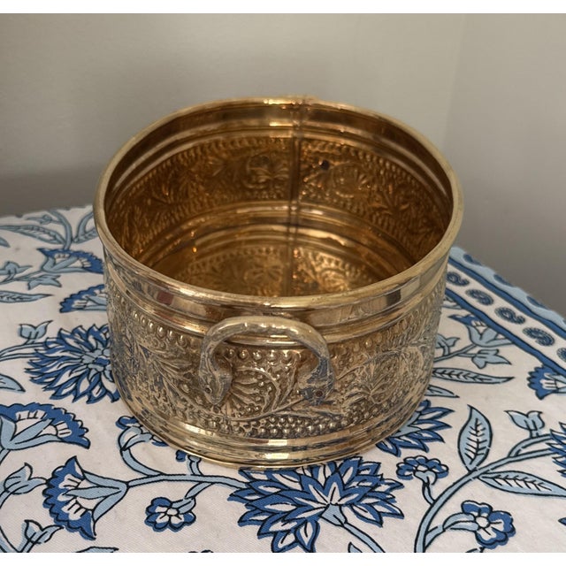 Vintage Embossed Solid Brass Oval Bowl With Handles For Sale - Image 4 of 7