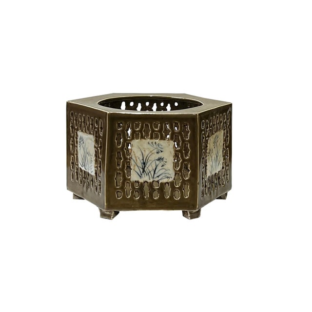 Chinese Distressed Tan White Porcelain Open Motif Hexagon Holder For Sale In San Francisco - Image 6 of 6