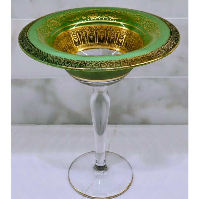 Art Deco 1930s Bohemian/Czech art glass compote featuring an emerald green bowl with lavish raised gold enamel in a...