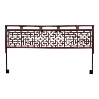 Vintage Chinese Chippendale King Headboard With Hand Carved Wood Fretwork Floral Details in Antique Asian Red & Gold and Steel Support Frame For Sale