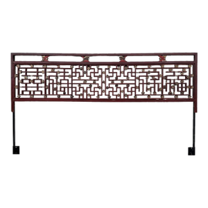 Vintage Chinese Chippendale King Headboard With Hand Carved Wood Fretwork Floral Details in Antique Asian Red & Gold and Steel Support Frame