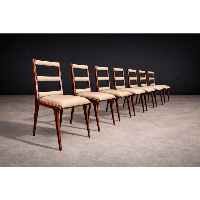 1950s Set of Six Chairs in Hardwood & Beige Leather, Unknown, 1950s For Sale - Image 5 of 12