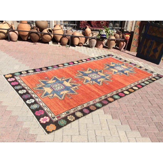 Mid-Century Modern Red Hand Knotted Vintage Turkish Area Rug - 69" X 128" For Sale - Image 3 of 13