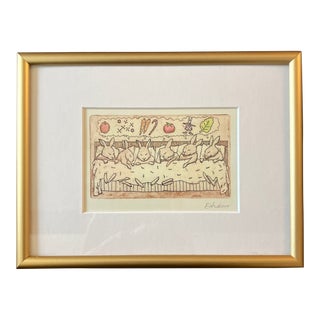 1980s Original Folk Art Colored Etching Sleeping Bunnies For Sale