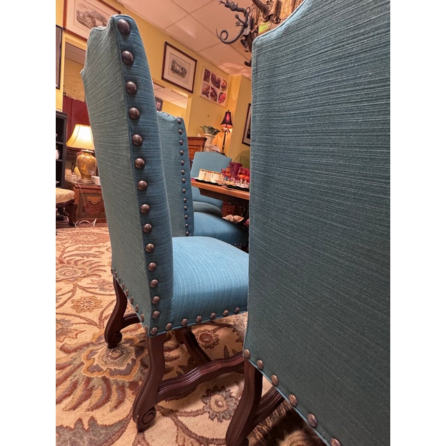 Set of 8 Designmaster “Strasbourg” French Carved Dining Chairs in Peacock Blue For Sale - Image 12 of 12
